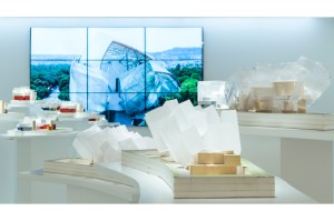 Displays at the exhibit “Fondation Louis Vuitton Building in Paris by Frank Gehry.”