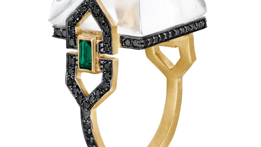 Doryn Wallach Jewelry’s 18-karat satin gold rock crystal ring with emerald baguettes and black pavé diamonds and rhodium.