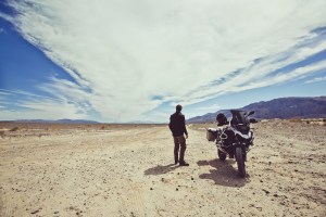 Aaether apparel cofounder Palmer West wearing his company’s motorcycle gear in Death Valley.