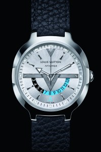The Louis Vuitton Voyager watch on a leather bracelet