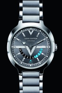 The Louis Vuitton Voyager watch on a steel bracelet