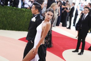 Emily Ratajkowski in Prabal Gurung with the designer.