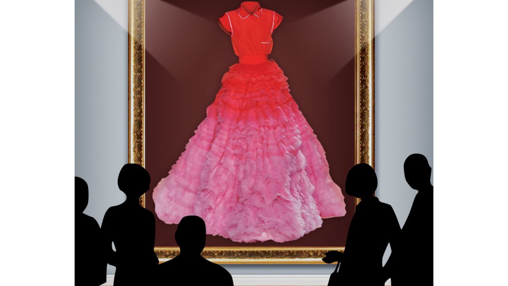 Giambattista Valli’s pajama shirt and tiered tulle ballskirt from fall 2014 couture on display at the Cooper Hewitt Museum.