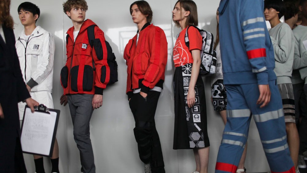Backstage at Christopher Raeburn Men's spring show.