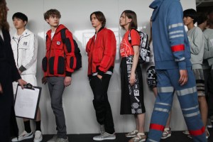 Backstage at Christopher Raeburn Men's spring show.