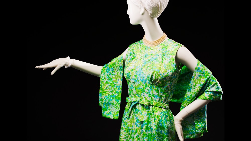 Woman's dress and stole of silk printed with allover small floral pattern, designed by Mainbocher, circa 1960.