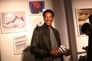 Scottie Pippen with an Air More Uptempo 20th Anniversary sneaker, celebrating Pippen’s shoe of choice, which he debuted at the Atlanta games in 1996.