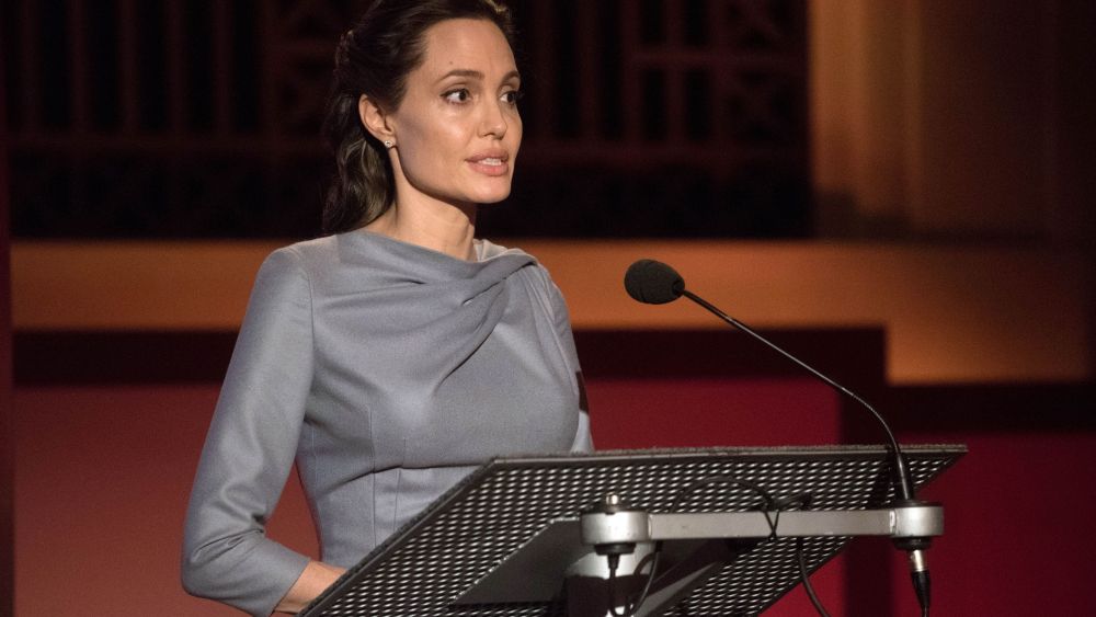Angelina Jolie talks at BBC during the Global Refugee Crisis Conference in London.