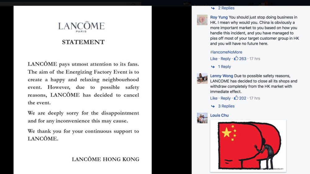 Comments on Lancôme Hong Kong's Facebook page