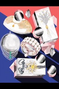 Clockwise from top left: Boucheron’s Cape de Lumière cape, Chanel’s Moisson d’Or brooch, De Grisogono’s bracelet, Dior’s Salon d’Apollon bracelet and Cartier’s Oracle necklace.