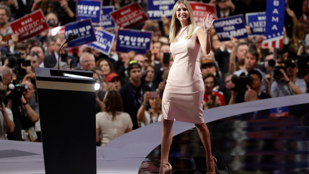 Ivanka Trump wears a blush-colored sleeveless sheath dress from her line