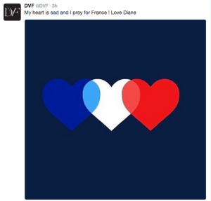 Diane von Funstenberg posted an image with three hearts and wrote "My heart is sad and I pray for France."