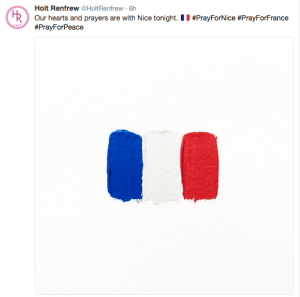 Chain of high-end Canadian department stores Holt Renfrew posted a French flag on its Twitter profile.