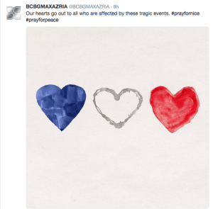 Max Azria posted an image featuring three hearts showing the same colors as the French flag.