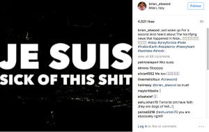 Brian Atwood posted a "JeSuis" image on his Instagram profile. The phrase was used originally for the Charlie Hebdo attack.