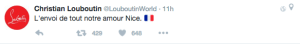 Christian Louboutin wrote on Twitter: "L'envoi de tout notre amour Nice." (We send all our love Nice)