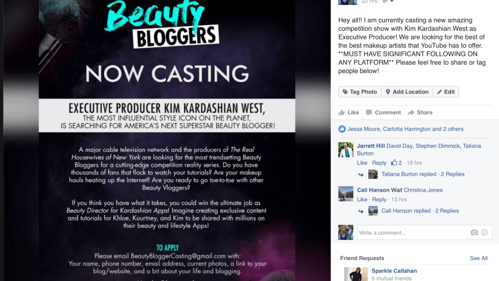 Casting-call announcement for beauty blogger reality competition executive produced by Kim Kardashian.