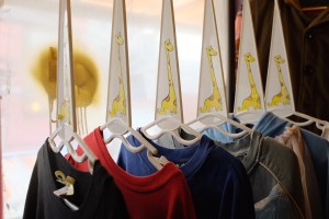 Unique clothing hangers at the Nincompoop Capacity boutique.