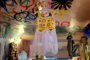 A DIY design hangs from the ceiling at the Nincompoop Capacity boutique.
