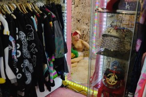 The artful dressing room at the Hayatochiri boutique.