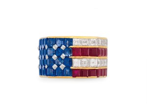 A Bulgari sapphire, ruby and diamond ring worn by Nancy Reagan in the Fourth of July will go on the block at Christie’s.