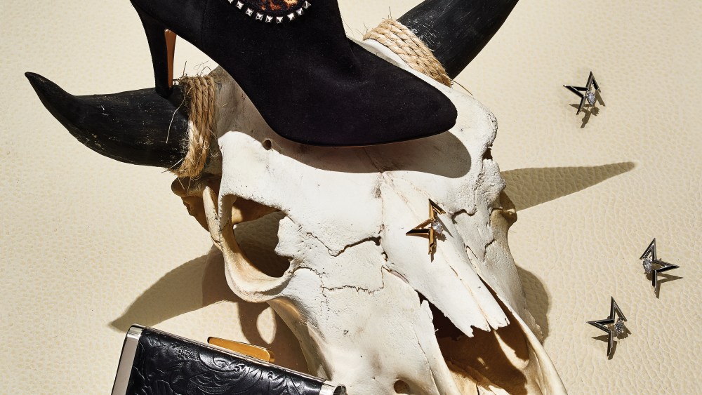 Marc Jacobs’ calf hair and leather boot; Eddie Borgo’s plated silver and gold earrings and brooch with hand-cut crystals; Hayward’s leather and gray skakeskin clutch.