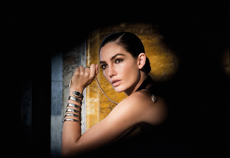 Lily Aldridge on set for Bulgari