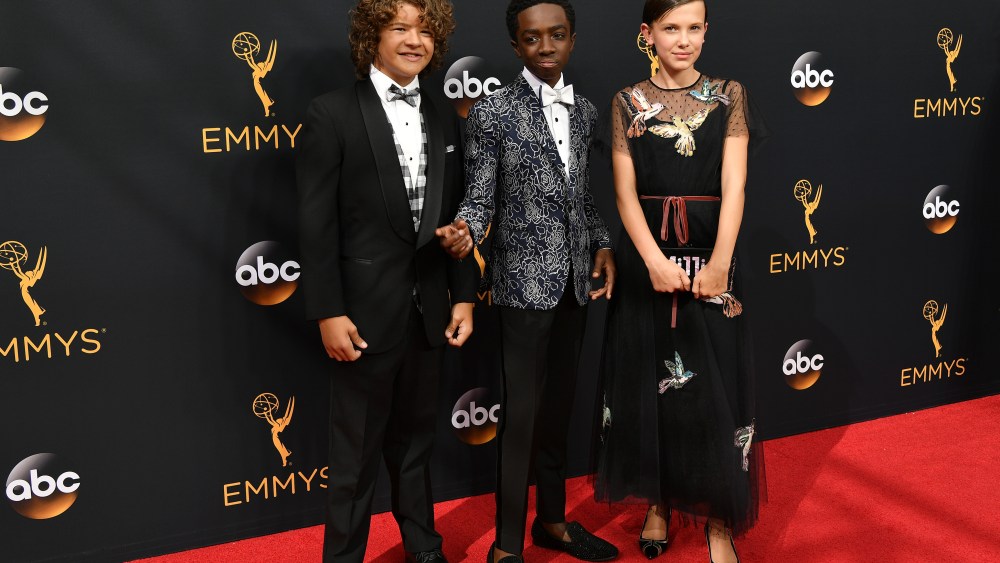 Emmy Awards 2016 Gaten Matarazzo, Caleb McLaughlin, and Millie Bobby Brown in Red Valentino