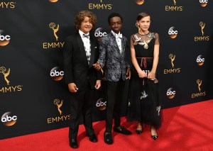 Emmy Awards 2016 Gaten Matarazzo, Caleb McLaughlin, and Millie Bobby Brown in Red Valentino