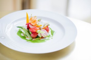 Thin vegetable tart with green jus
