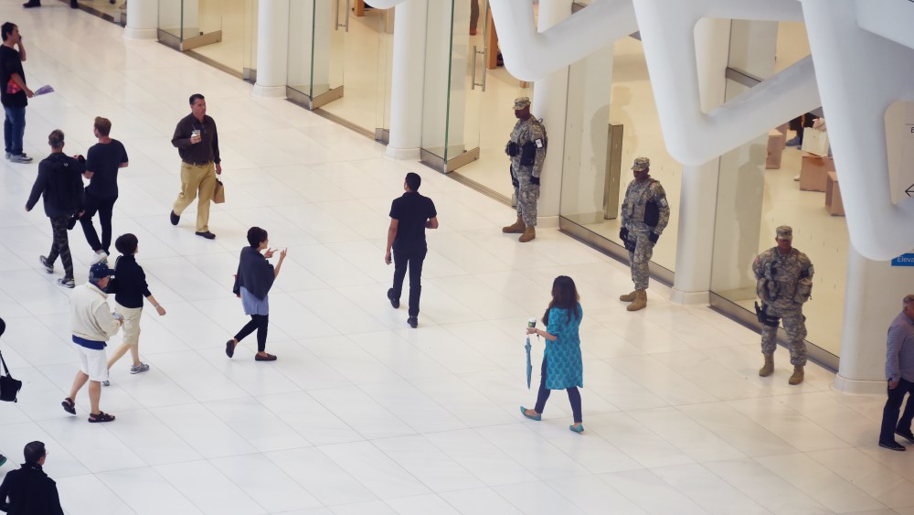 There was increased police and National Guard presence at major destinations and landmarks in the city, including Westfield World Trade Center, pictured here.
