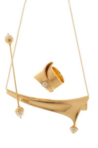A brooch, pendant and ring, all in 18 karat gold with freshwater pearls, from the Eddie Borgo for Tiffany & Co. fine jewelry collection.