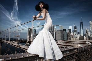 Jessica Minh Anh in Sadek Majed on Brooklyn Bridge, NYC.