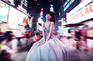 Jessica Minh Anh wearing Sadek Majed and Cristina Sabatini Times Square NYC.