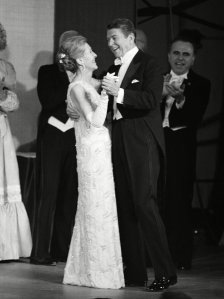 President Ronald Reagan and Nancy Reagan wearing a John Galanos dress at an inaugural ball at the Pension Building in Washington.