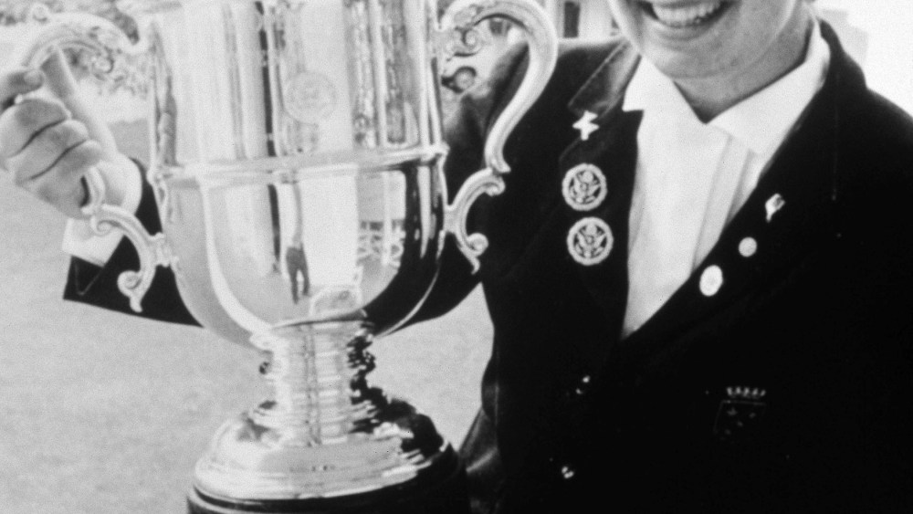 Catherine Lacoste with her US Open Golf Championship trophy in 1967. Catherine is the daughter of René Lacoste. She became the ﬁrst foreigner and the youngest player to win the women's tournament.