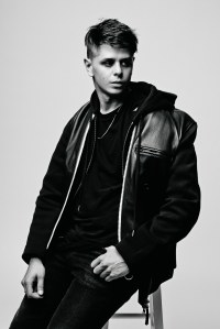 Paolo Testa FASHION Acne Studios’ leather jacket, Helmut Lang’s sponge fleece hoodie, Topman’s cotton T-shirt and J Brand’s cotton and elastane denim jeans.