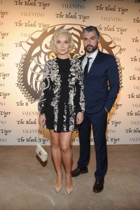 Polina Gagarina and Dmitry Iskhakov attend the Valentino Black Tiger party in Moscow.