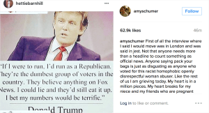 Amy Schumer reacts to the U.S. election on Instagram.