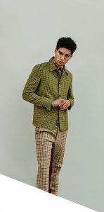 Prada’s wool jacket and pants, and madras shirt.