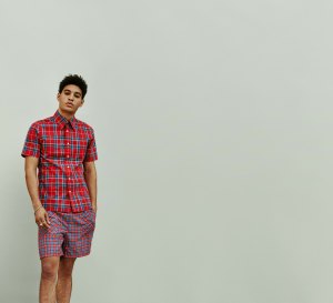Louis Vuitton’s nylon and cotton shirt and shorts.
