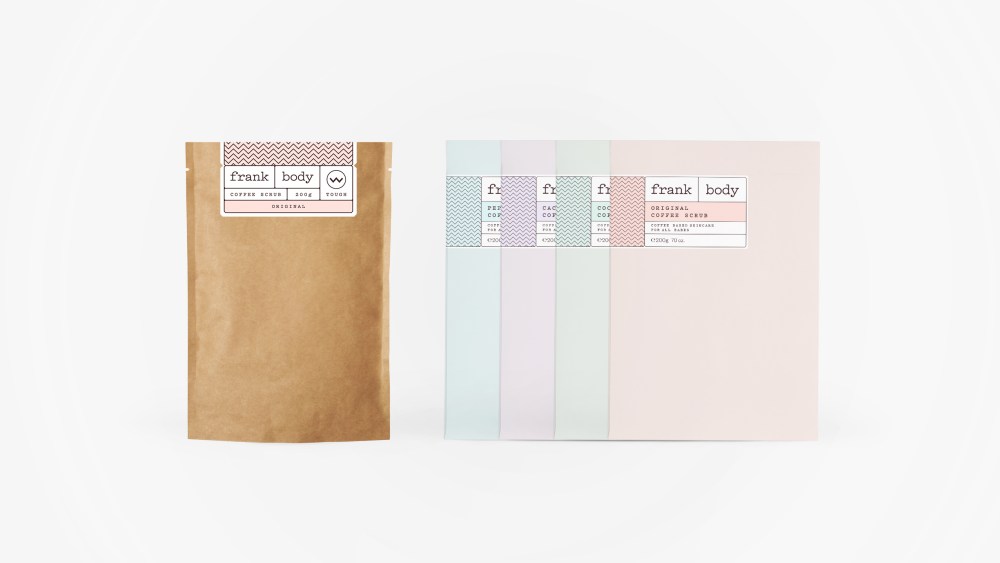 Frank Body's original packaging (left) with updated packaging for Urban Outfitters.