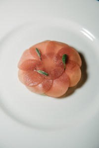 Tarte Tatin – sage poached quince, goat cheese gelato, quince sorbet, sage pâte feuilletée.