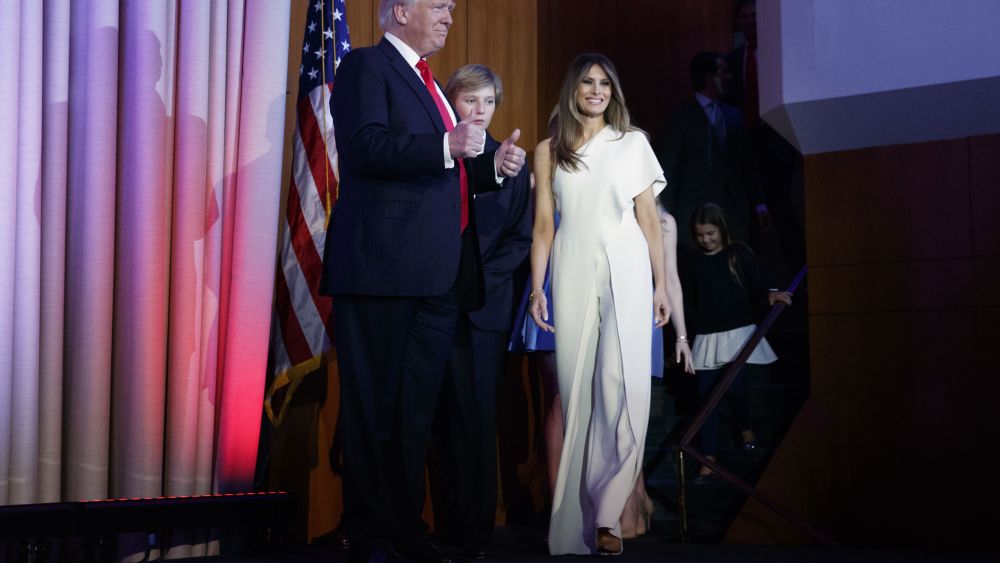 President-elect Donald Trump, arrives with his son Barron and wife Melania, to speak to an election night rally, in New York.