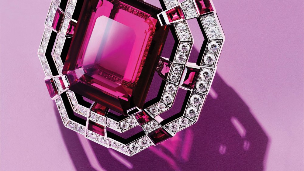 Cartier’s brooch in 18-karat white gold with rubellite, onyx and diamonds.