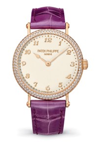 The ladies Calatrava in rose gold with silvery grained dial, shiny alligator strap.