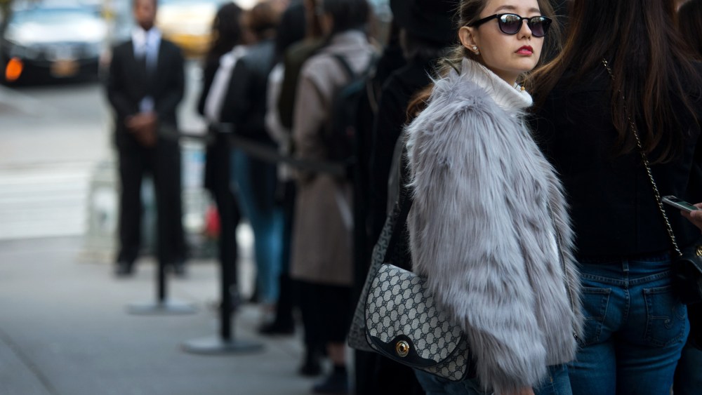 Street style at the Alexander Wang sample sale in New York.