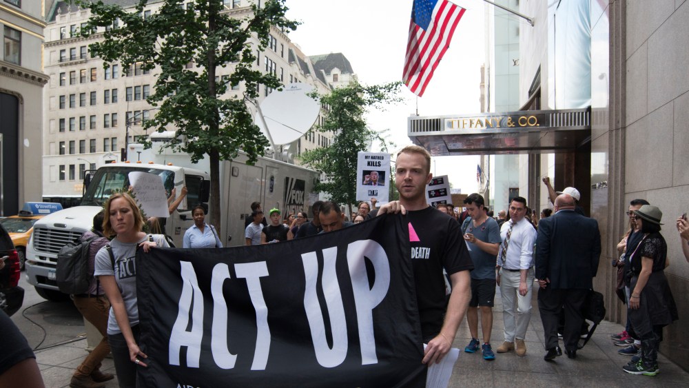 Outside Tiffany & Co.'s New York flagship is a Rally by the city's LGBT community against Donald Trump's political views.