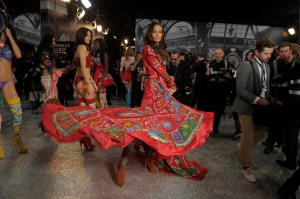 Joan Smalls backstage at the 2016 Victoria's Secret fashion show in Paris.