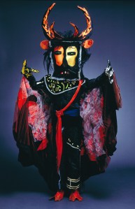 Costume for The Firebird: the sorcerer Koschei, 1949, jacket, bodice, pants, spats, gloves, mask, headdress. New York City Ballet.